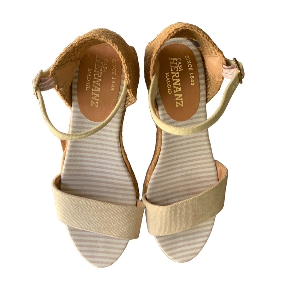 Casa Hernanz Canvas Jute Low Wedge Ankle Strap Espadrilles Bone Sz 8/38